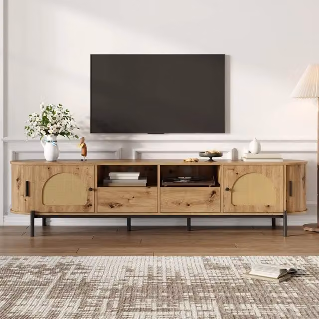 Mobile TV ovale con ante in rattan; ante scorrevoli e cassetti; naturale; 200 cm