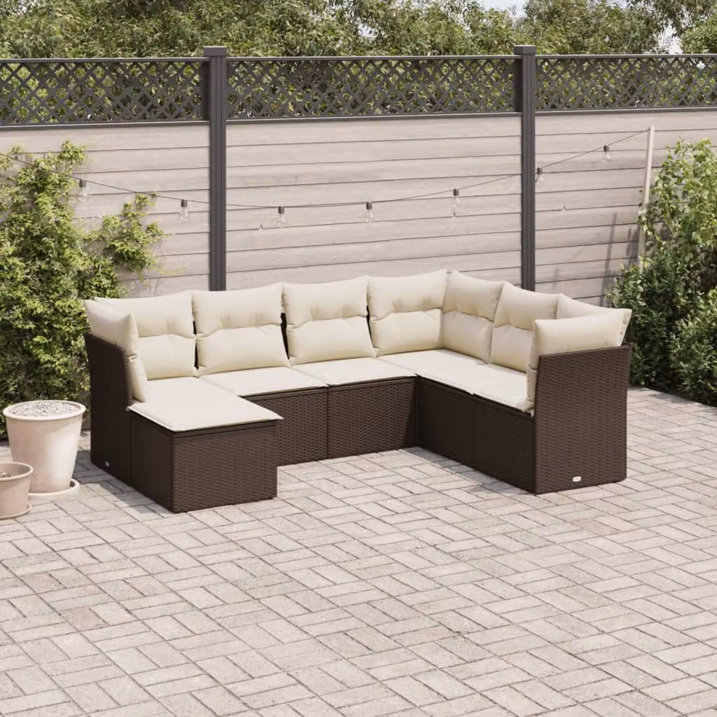 Set di divani da giardino vidaXL in polyrattan marrone con cuscini bianchi, composizione a L con pouf e imbottitura rimovibile – 1