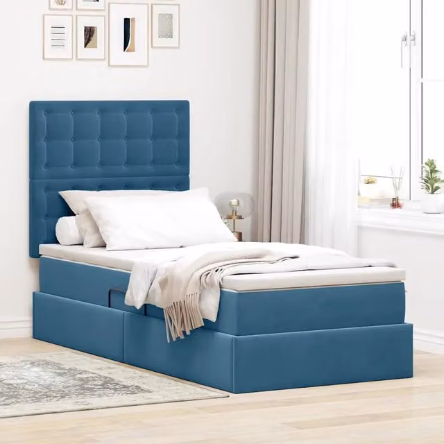 Letto con contenitore vidaXL in velluto blu con base a sollevamento e struttura in metallo L/P/H: 204 x 90 x 140 cm – 1