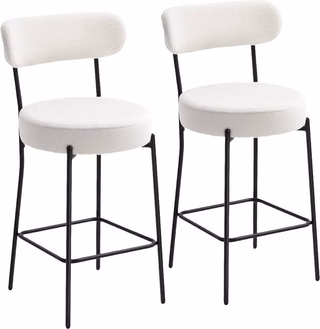 Set di 2 sgabelli da bar in tessuto bouclé crema con schienale curvo e poggiapiedi design moderno per cucina 49x52x95cm