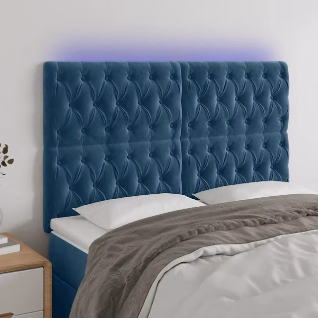 Testiera per letto vidaXL in velluto blu con illuminazione LED e porta di ricarica USB, L: 144 cm, P: 7 cm, H: 118-128 cm – 1