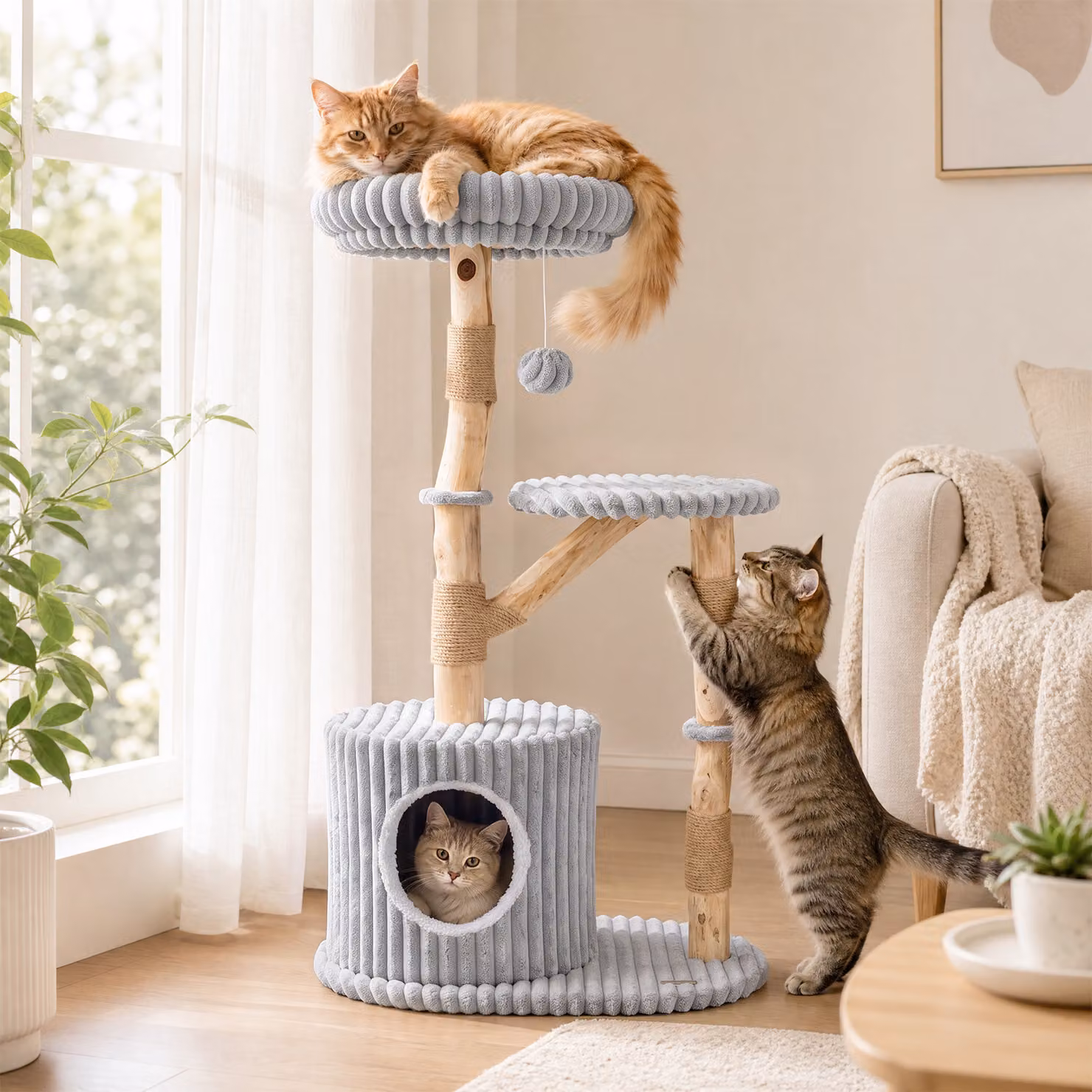 Albero tiragraffi per gatti Costway in legno con cuccia e trespoli imbottiti, Grigio, Altezza: 105 cm