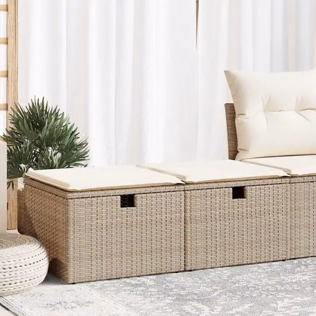 Set Divano da Giardino Moderno vidaXL con Ottoman e Cuscini Beige e Bianco in Rattan e Metallo