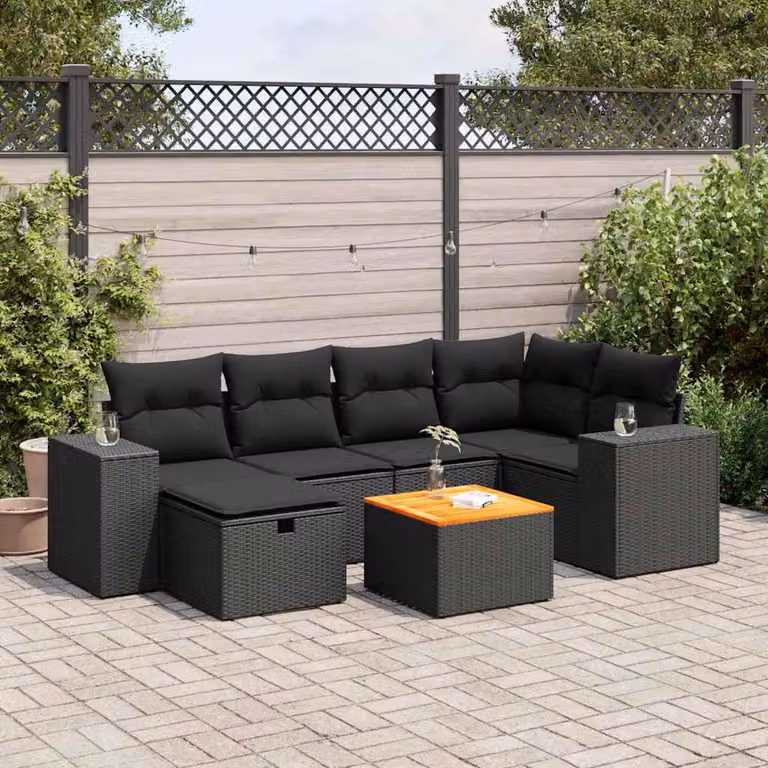 Set di divani da giardino vidaXL a forma di L con 7 pezzi, polyrattan e cuscini inclusi, nero e marrone