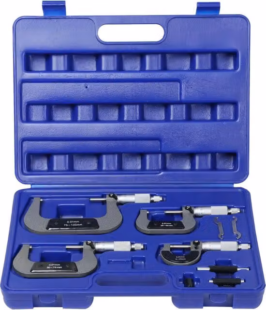 Set di 4 micrometri esterni in acciaio inossidabile colore argento, range 0-100mm