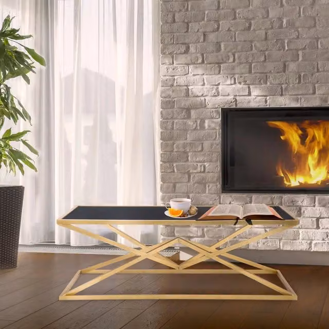 Tavolino da salotto moderno DMORA Keswic rettangolare in vetro nero e oro L: 110 cm, P: 60 cm, H: 45 cm