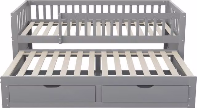 Divano letto in legno massello 90x200 cm con sponde di sicurezza, letto estraibile con 2 cassetti, rete a doghe, colore grigio