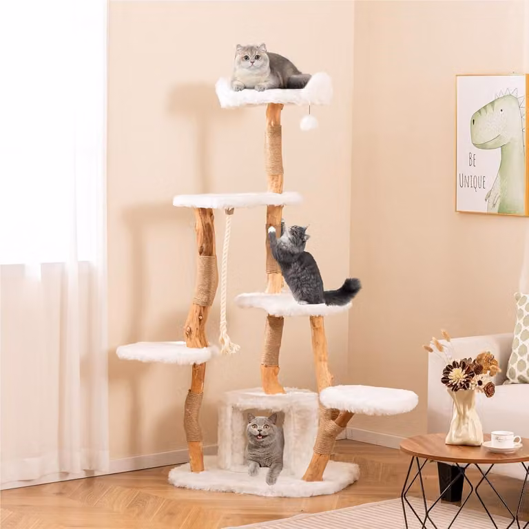 Torre per gatti in legno - Tiragraffi - Albero per gatti - Torre giochi - Arredamento per gatti - Legno massello di pera - Tiragraffi in iuta