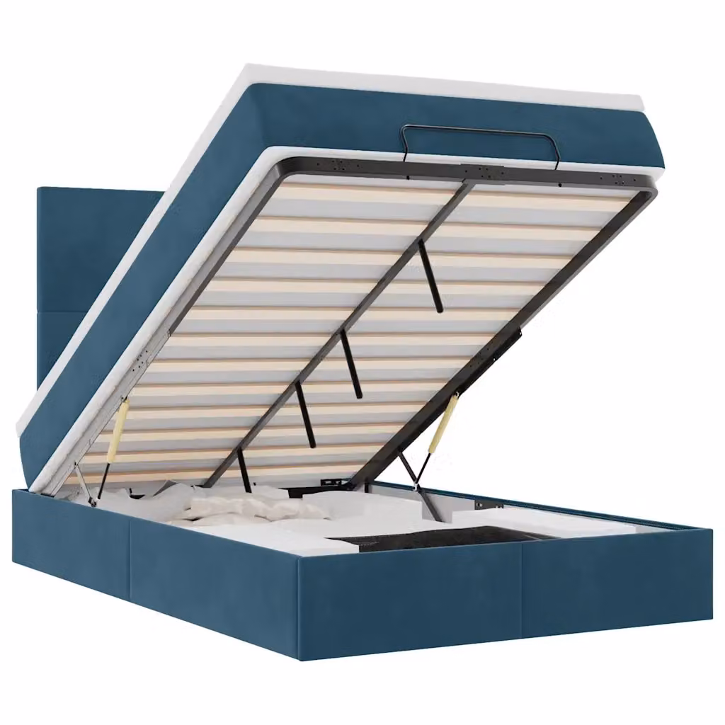 Letto con contenitore a sollevamento e base con luci LED e porte USB vidaXL in velluto blu e bianco L: 200 cm, P: 120 cm, H: 280 cm – 2