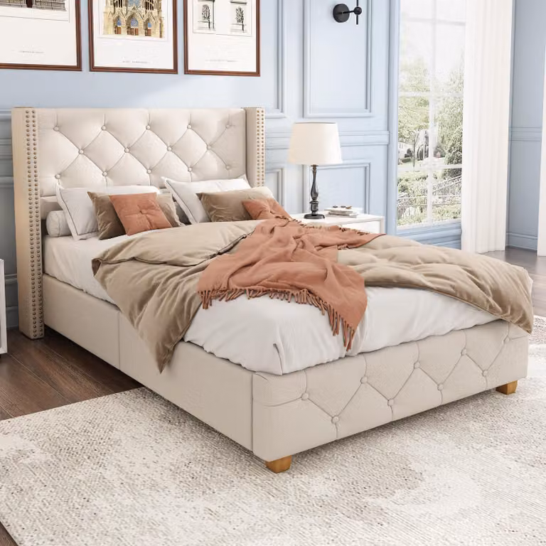okwish Letto singolo imbottito 90x200cm con rete a doghe e testata, rivestimento con bottoni e borchie, lino, beige, materasso non incluso