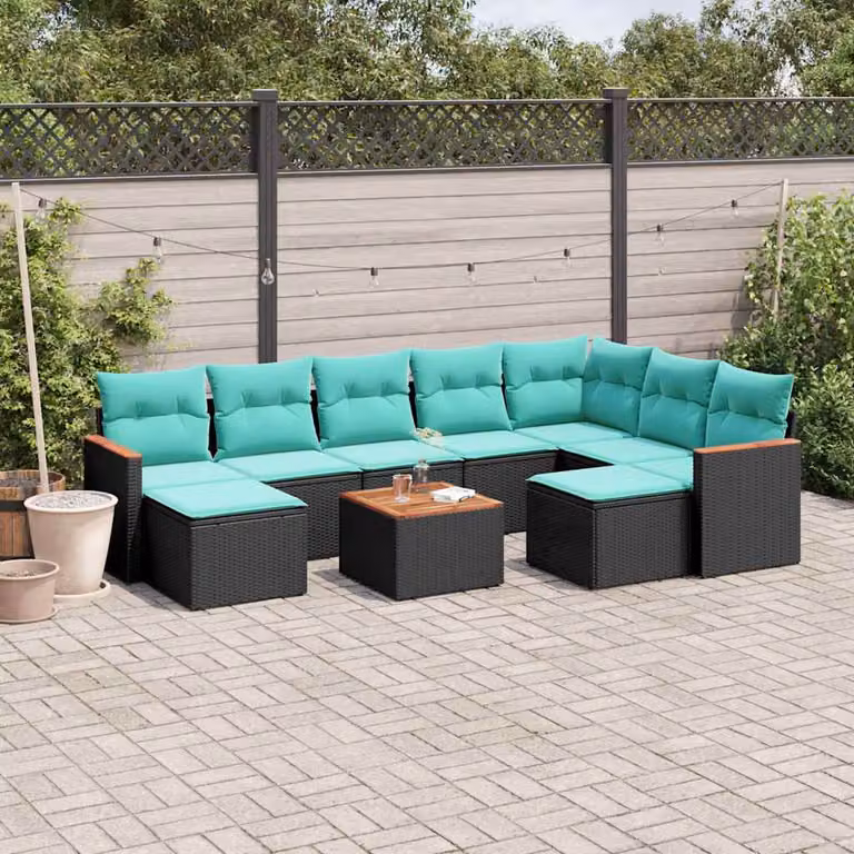 Set di divani da giardino vidaXL in polyrattan nero con cuscini e tavolino da esterno a forma di U