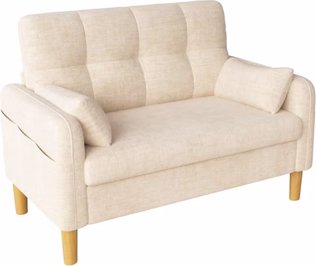 Divano moderno a due posti in tessuto Chenille beige con cuscini e tasca laterale, 119x78x85 cm, ideale per soggiorno e ambienti piccoli
