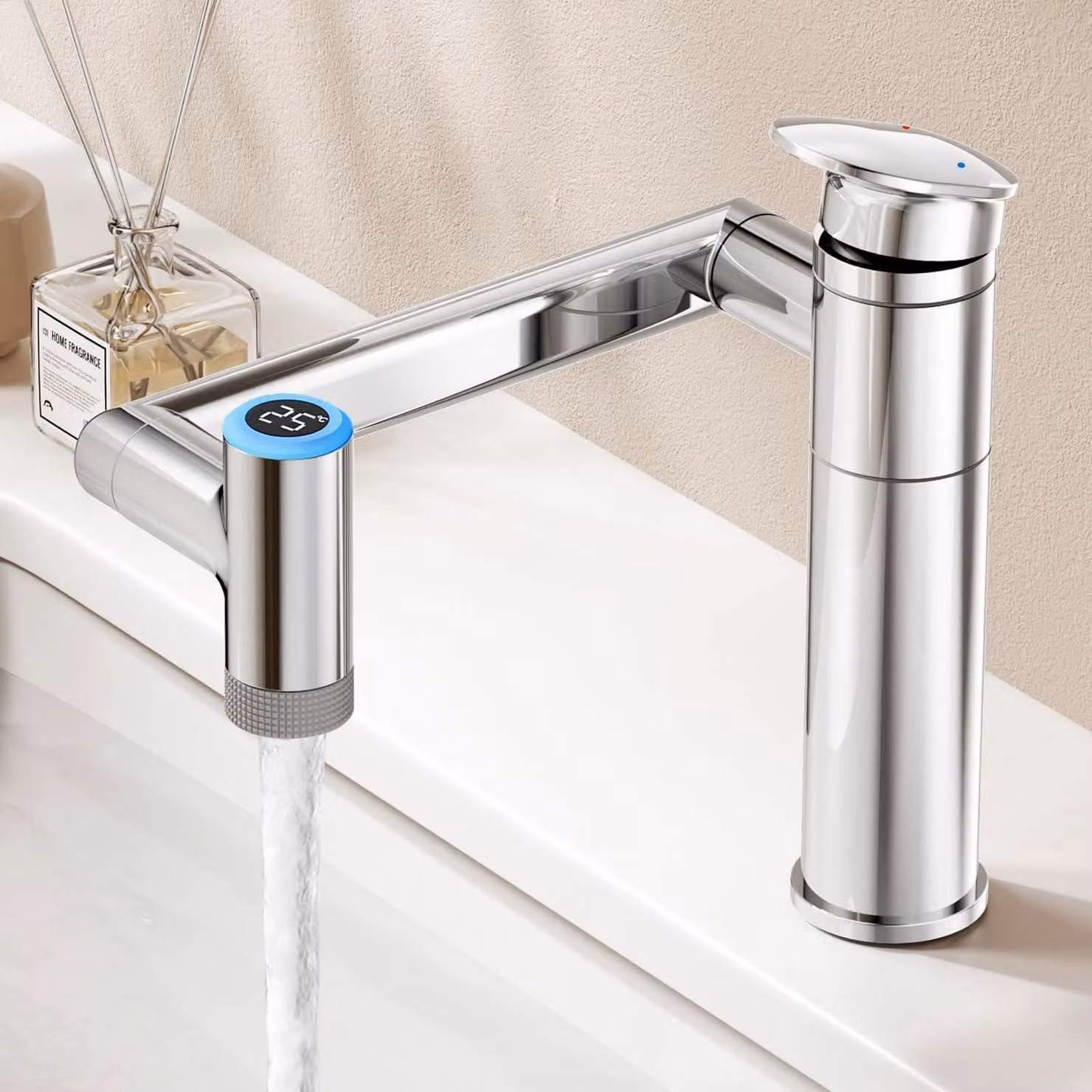 Miscelatore per lavabo, girevole a 1080°, regolabile in altezza, con indicatore di temperatura, monoblocco, finitura cromata