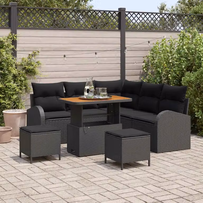 Set Divano da Giardino vidaXL 8 Pezzi con Cuscini e Contenitore Nero