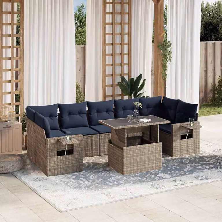 Set di divani da giardino vidaXL a forma di L in polyrattan grigio con 8 pezzi, cuscini inclusi e tavolino da caffè