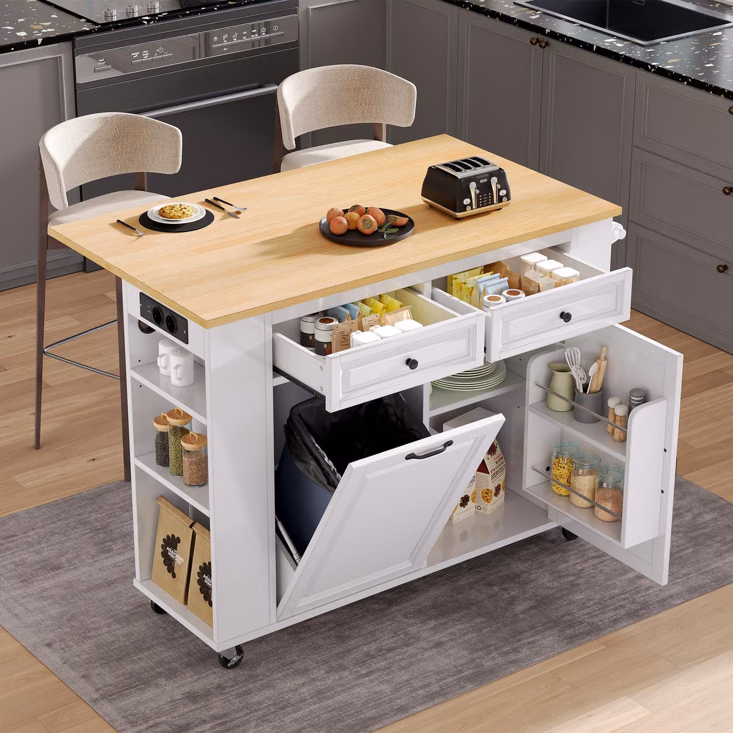 Isola da cucina STILVORA con ruote. Mobile da cucina con vano per contenitore dei rifiuti e porta asciugamani. Carrello da cucina con prese elettriche. Ideale per cucina e sala da pranzo, colore bianco