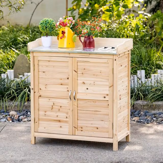 Mobile da giardino con 2 ante e 2 ripiani interni piano di lavoro rivestito in ferro zincato in legno colore naturale