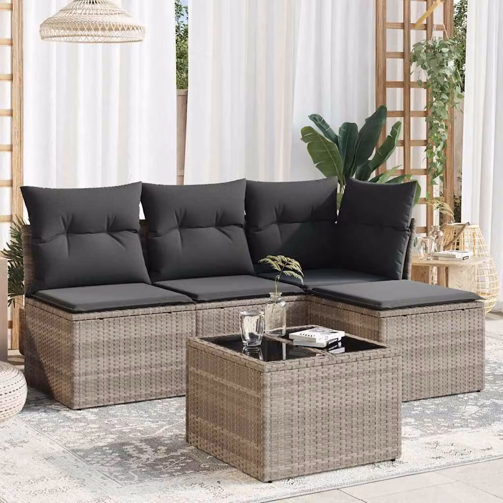 vidaXL Set Divano da Giardino a L in Polyrattan Grigio con Cuscini e Tavolino da Esterno – 1