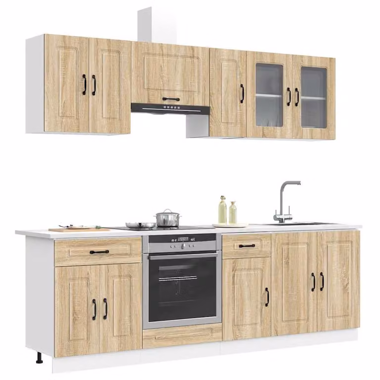Set di mobili da cucina moderno vidaXL Kalmar composto da 8 pezzi in legno e vetro, colore marrone e beige, L/P/H: 246 x 46 x 81,5 cm