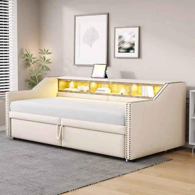 Letto Contenitore Imbottito Estraibile con LED e Rete a Doghe ¨C MINIMAL ¨C Beige 90x200/180x200