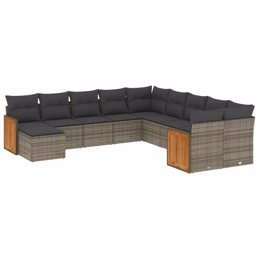 vidaXL Set Divani da Giardino 11 pz a Forma a U in Polyrattan e Legno di Acacia con Cuscini Grigio – 2