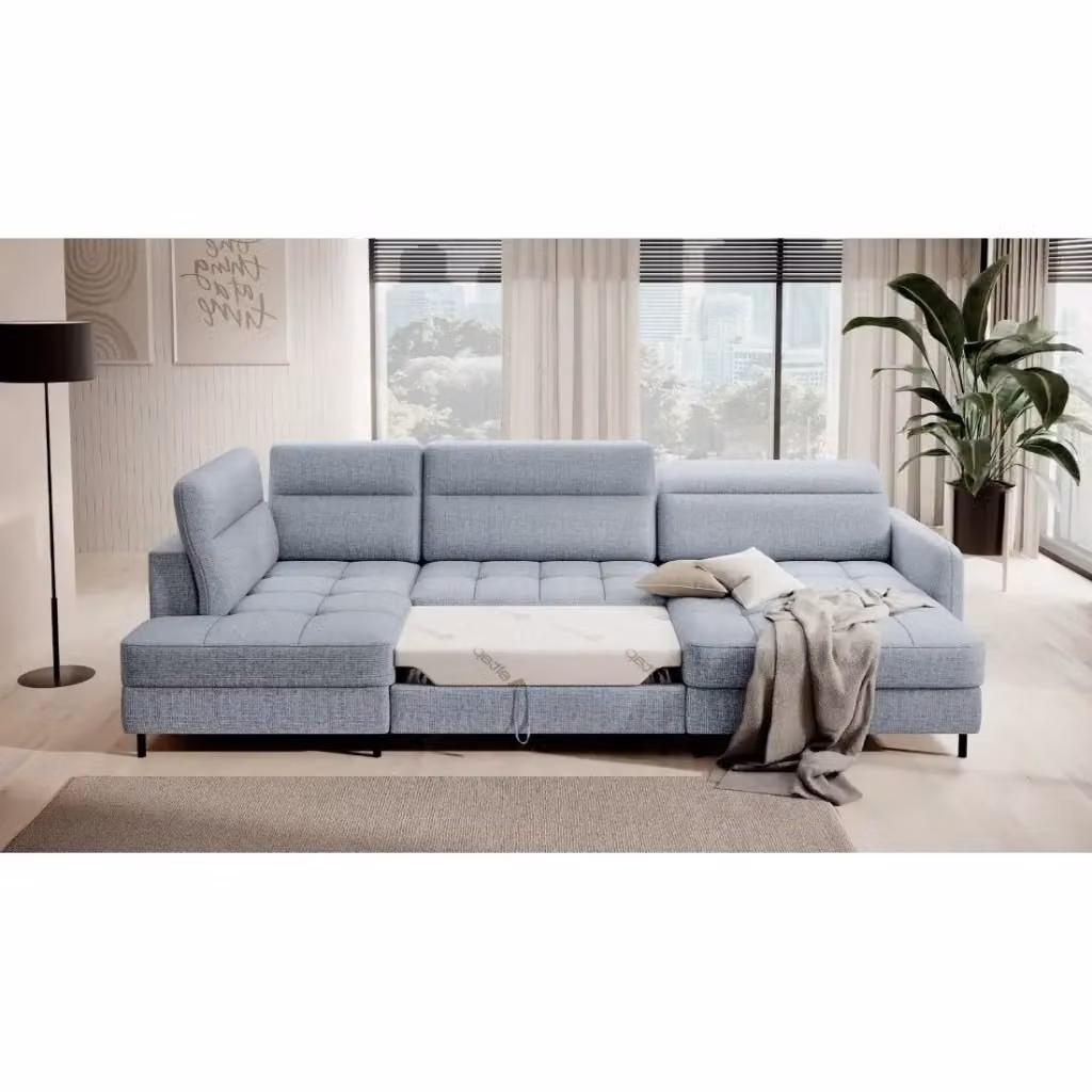 Divano angolare trasformabile BERTHO MEUBLORAMA blu grigio effetto melange con contenitore e angolo destro L/P/H: 306 x 166 x 100 cm – 2