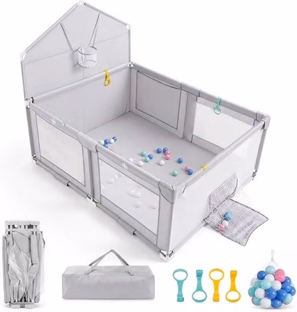 Centro attività pieghevole per bambini con canestro da basket e porta calcio, recinto per neonati 0-3 anni Grigio L: 223 cm, P: 185 cm, H: 150 cm – 1