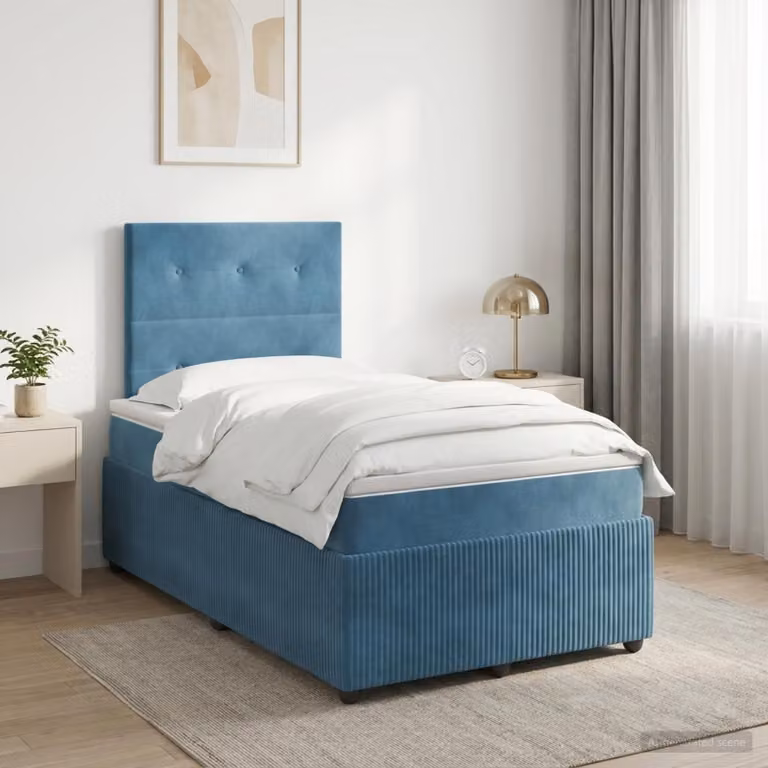 Letto box spring con materasso vidaXL in velluto blu e bianco, L/P/H: 120 x 200 cm