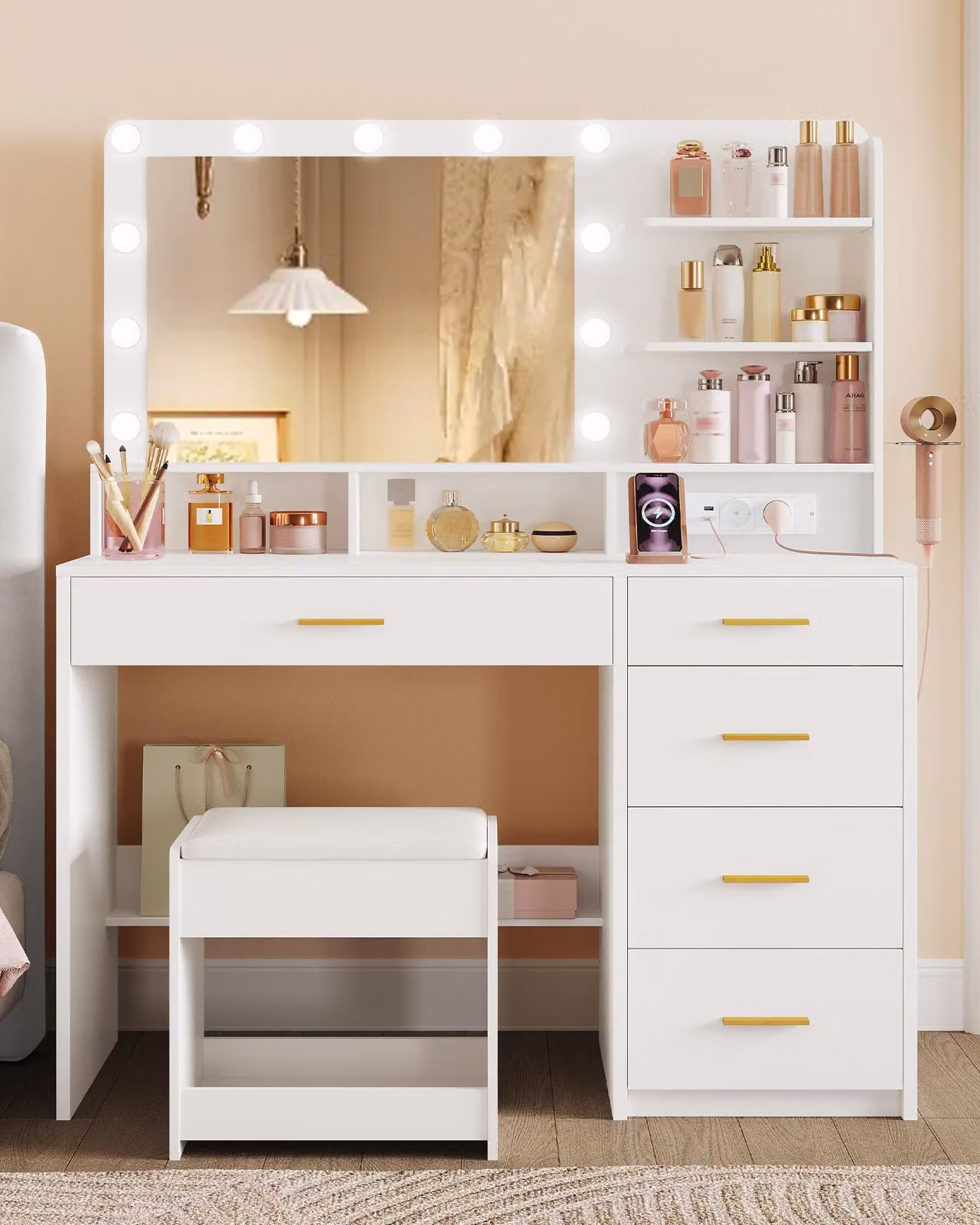 Comò con specchio - Bianco - 90 cm di larghezza - Con illuminazione LED - Tavolino da trucco in legno - Arredamento per la camera da letto