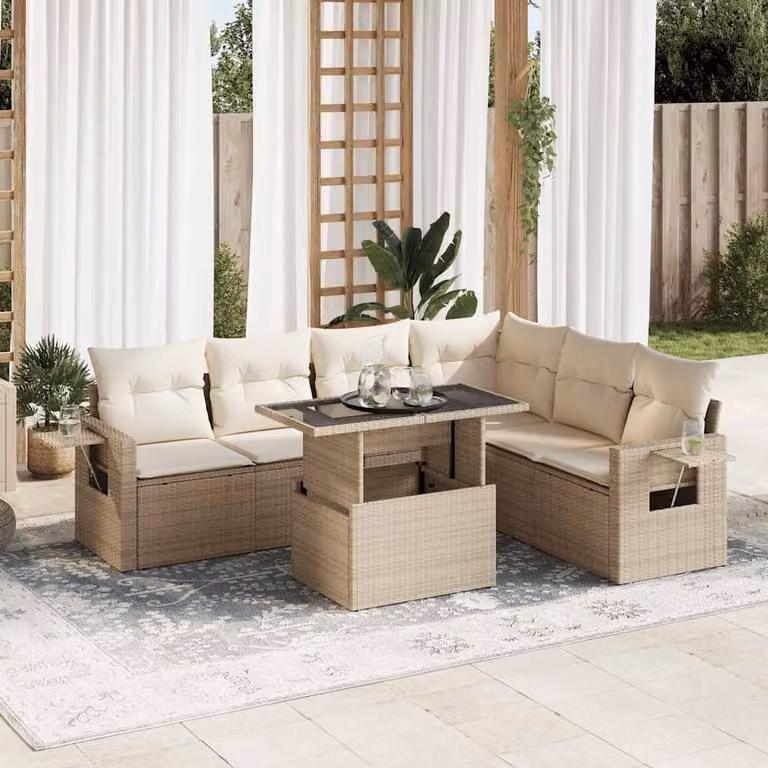 Set di divani da giardino vidaXL in polyrattan beige con 7 pezzi e cuscini inclusi