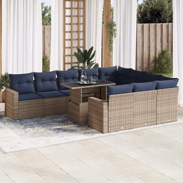 Set di divani da giardino vidaXL 11 pezzi in polyrattan e legno di acacia con cuscini, colore grigio e blu