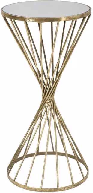 Tavolino Hypnos Vikasa Home in metallo dorato e vetro con piano rotondo, Diametro: 35 cm, Altezza: 70 cm