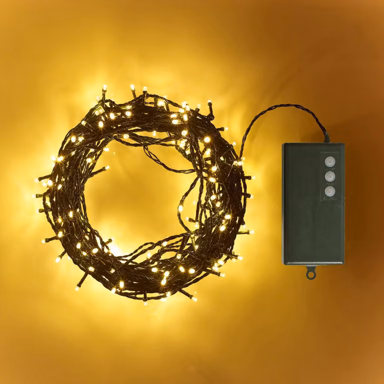 Catena luminosa a LED, 200 luci bianco caldo, 20 metri, alimentazione a batteria, con timer