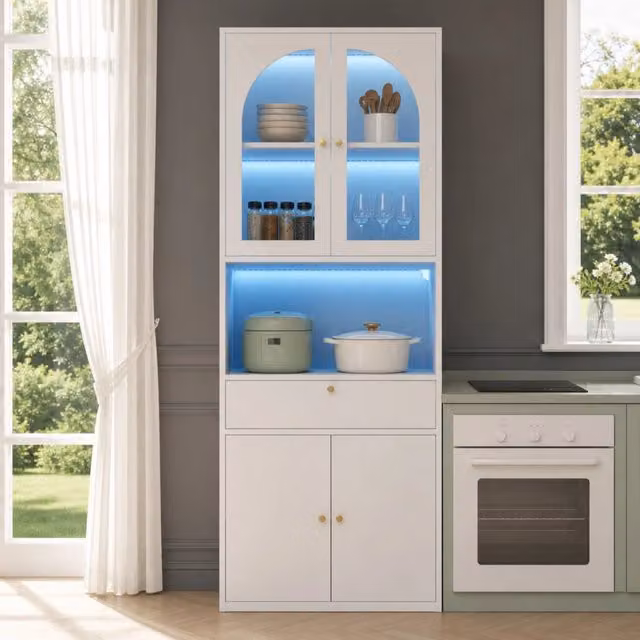 Vetrina libreria con ante in vetro, vano aperto, cassetto e vani chiusi con LED RGB, in MDF e vetro, 70×35×180 cm