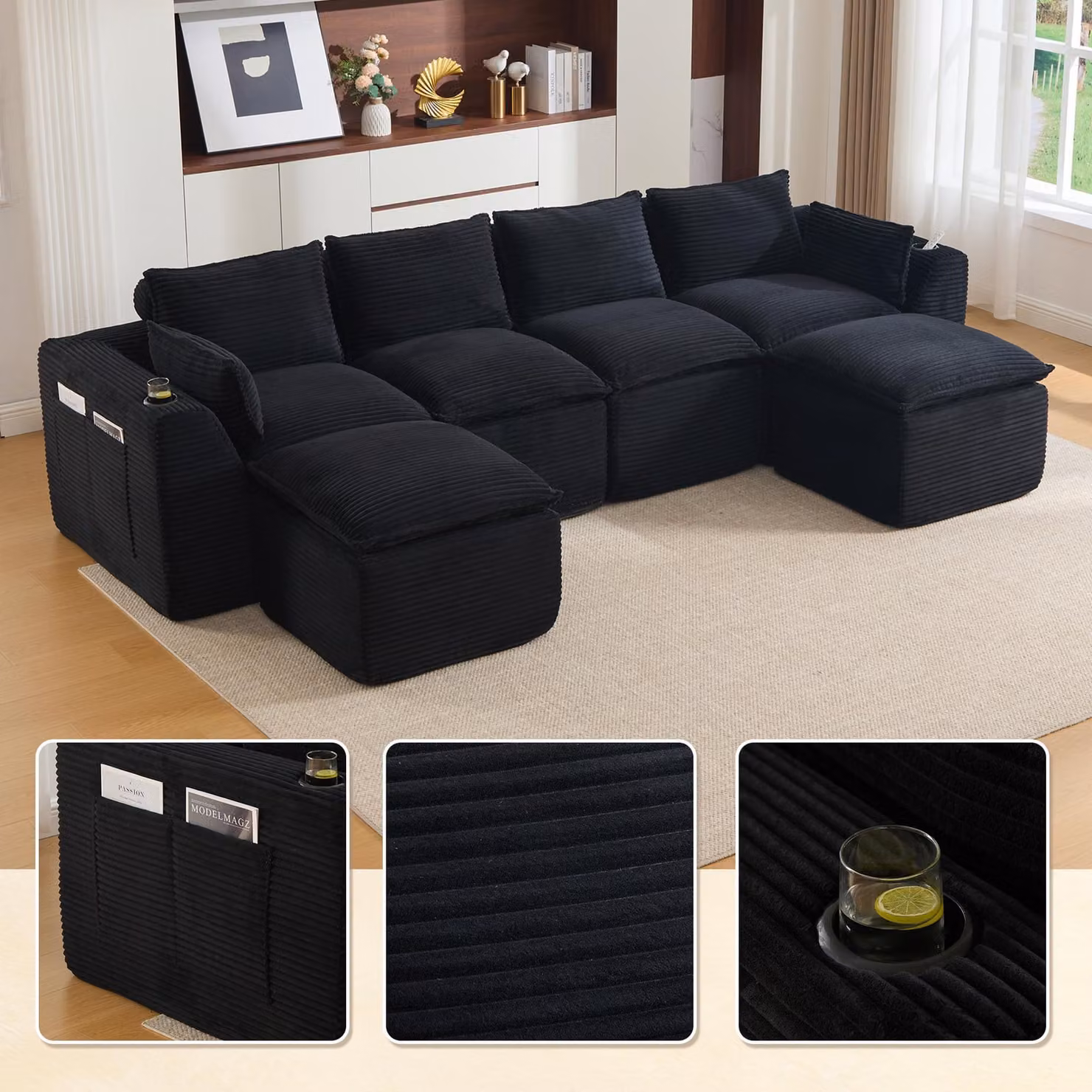Divano componibile LVHOM XXL a 4 posti in velluto, divano a U con portabevande e tasche laterali, divano grande, 322 cm, nero