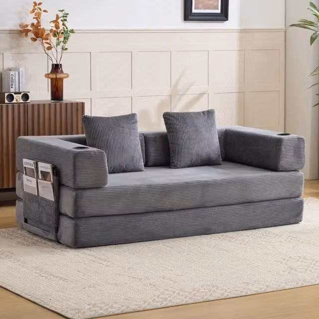 Divano letto pieghevole da pavimento Mivray convertibile in materasso rivestito in velluto a coste grigio
