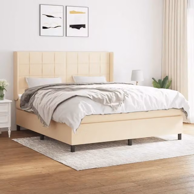 Letto Ibrido vidaXL con Giroletto a Molle e Materasso in Tessuto Beige e Bianco L/P/H: 160 x 200 x 163 cm