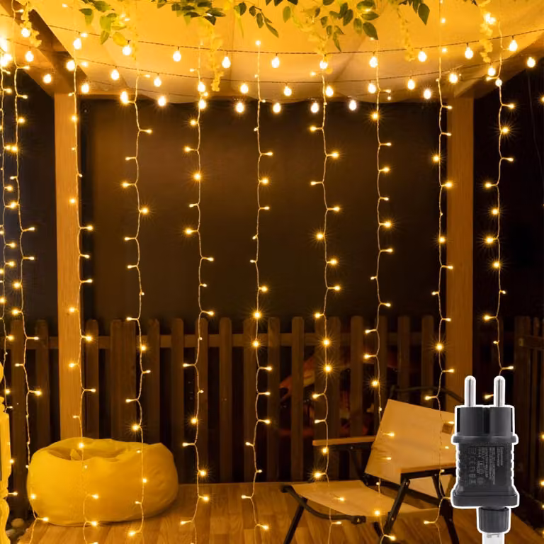 Tenda luminosa a LED, dimensioni 3x2 metri, 200 LED bianco caldo, 8 modalità, grado di protezione IP44