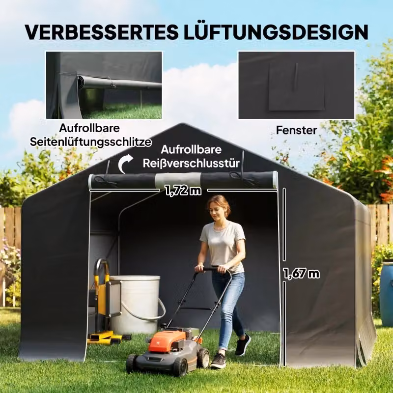 Tenda garage WISHDOR con finestra, struttura in acciaio zincato e plastica, colore antracite, L 3 x P 3 x H 2,3 m – 2