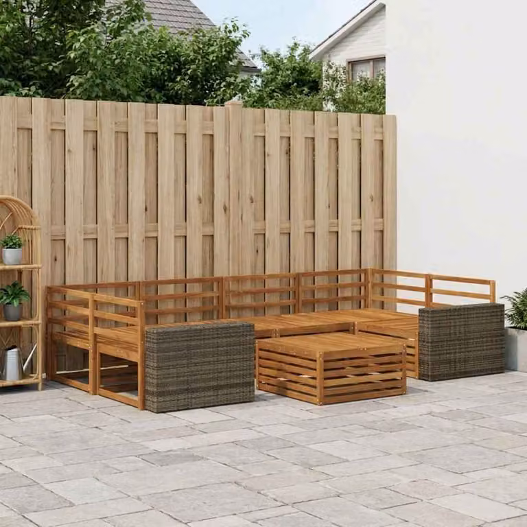 Set di divani da esterno vidaXL a forma di L composto da 7 pezzi in legno di acacia massello marrone con cuscini inclusi per giardino e terrazza