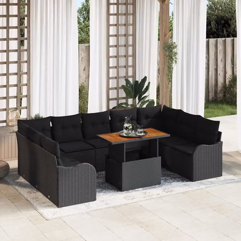 Set Divano da Giardino a Forma a U vidaXL in Polyrattan Nero con Cuscini e Struttura in Metallo