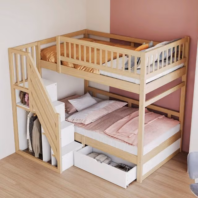 Letto a castello in legno massello 90x200 cm con sponde alte; scala contenitore e cassetti; naturale e bianco