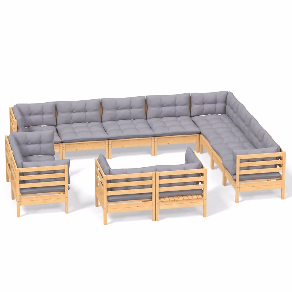 Set Divani da Giardino 12 pz con Cuscini Grigi Massello di Pino