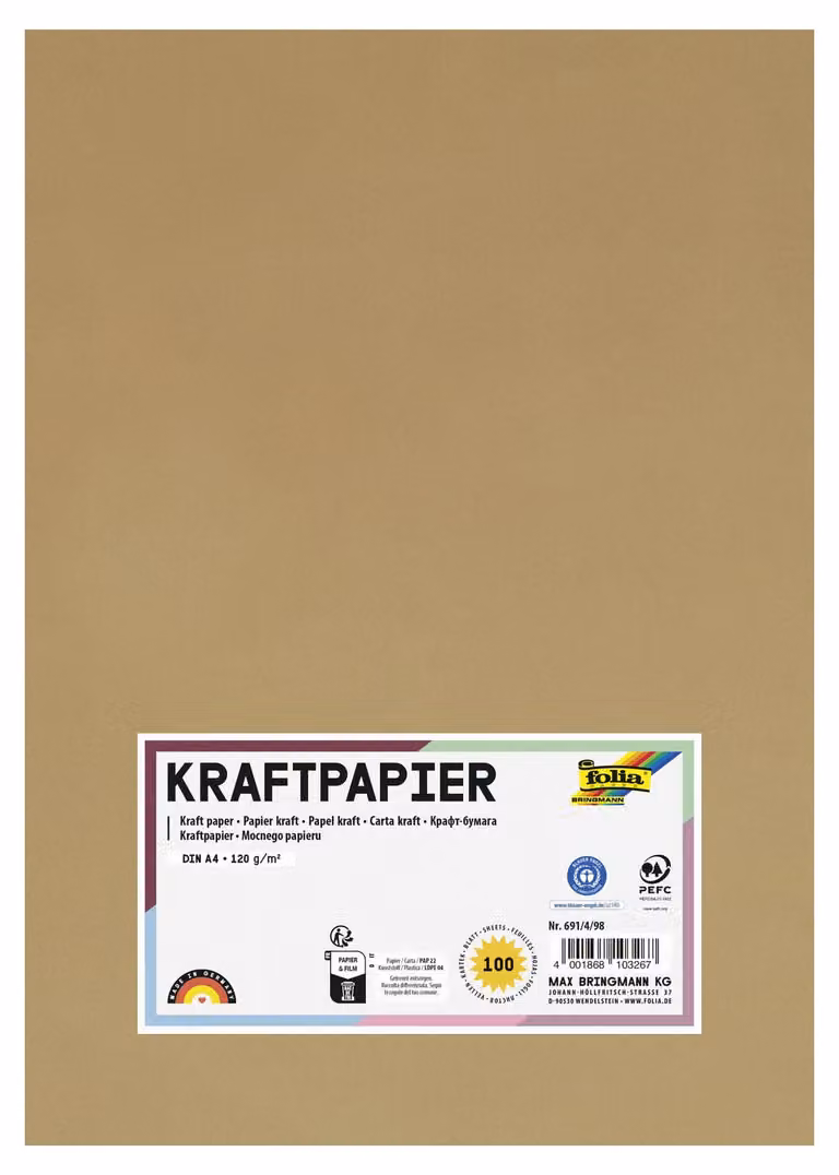 Carta kraft, 120 g/m², 100 fogli, formato DIN A4, opaca, color marrone