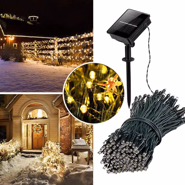 Catena luminosa solare da 10 metri, 100 LED, luce bianca calda, 8 modalità, impermeabile, ideale per decorazioni natalizie, interni ed esterni, adatta per cortili, giardini, balconi e campeggio