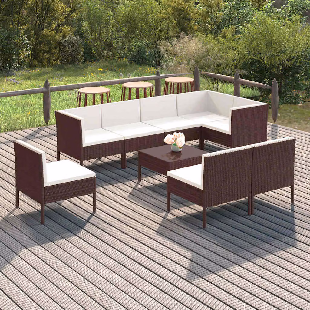 Set Divani da Giardino vidaXL 9 pz in Polyrattan Marrone e Bianco con Cuscini e Tavolino da Caffè
