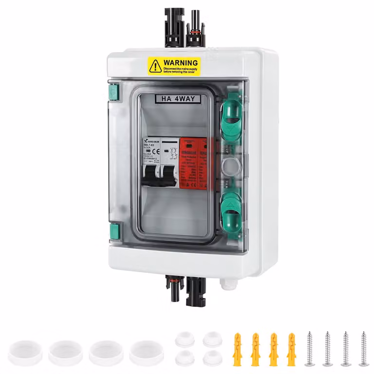Scatola di connessione solare Ikodm, protezione contro le sovratensioni per impianti fotovoltaici a 1 stringa, 1000V, 32A, grado di protezione IP65, scatola di connessione per generatori, compatibile con 4 moduli solari, connettori solari per impianti fot