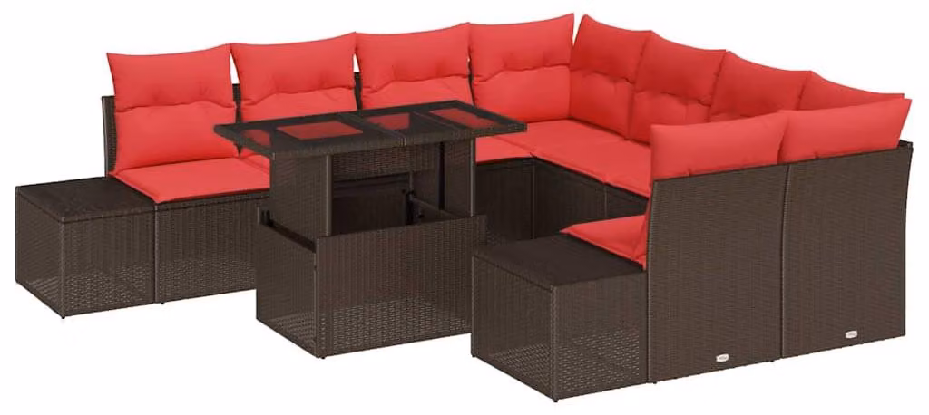 Set di divani da giardino, 9 pezzi, color marrone, in rattan sintetico