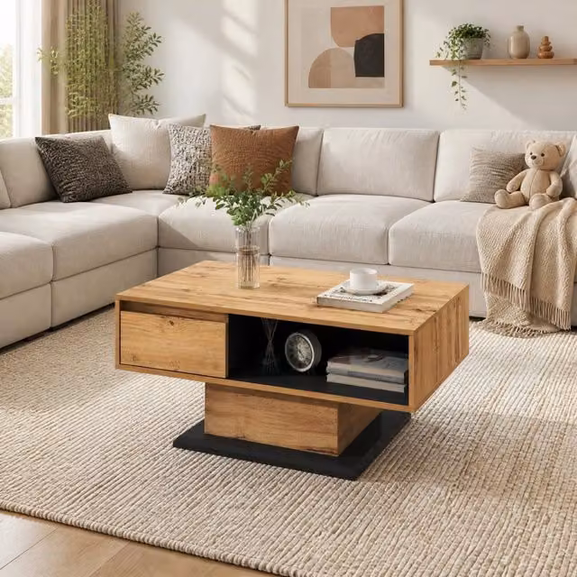 Tavolino da salotto ULEVR 100x60 cm con cassetto senza maniglia e vani portaoggetti, rovere e antracite