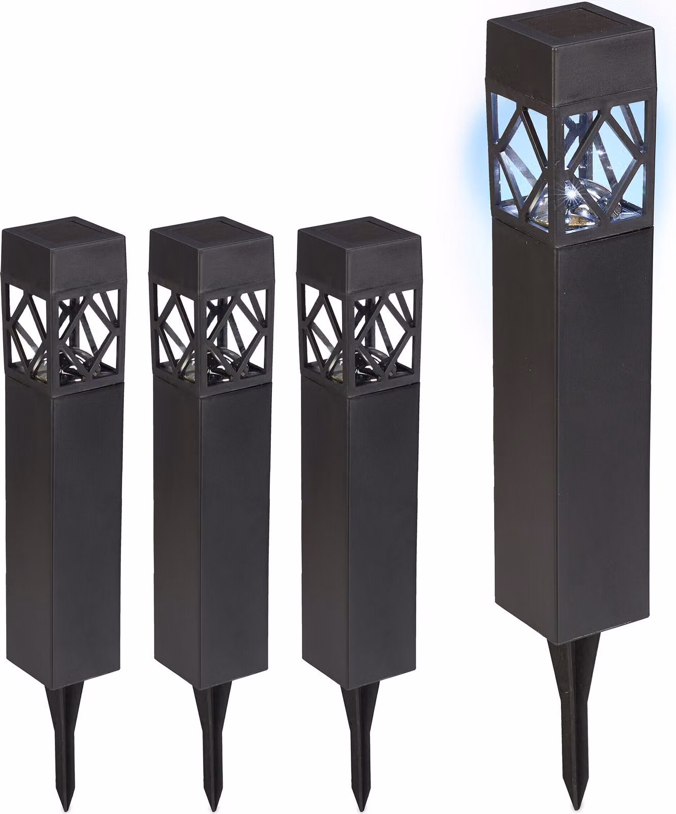 Set di 4 lampade solari Relaxdays, luce bianca fredda, impermeabili, sensore crepuscolare, lampada solare a LED, A x L x P: 41 x 6 x 6 cm, nero